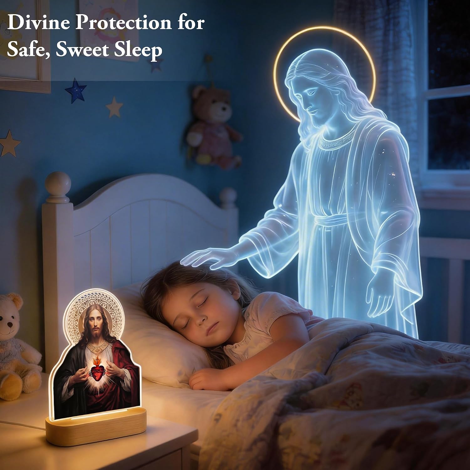 Sacred Heart of Jesus Night Light with 2 Acrylic Sheets (Jesus Pattern & Glowing Halo), 3D Effect Christian Lamp, Easter Religious Gift for Home Altar Prayer Bedroom Décor