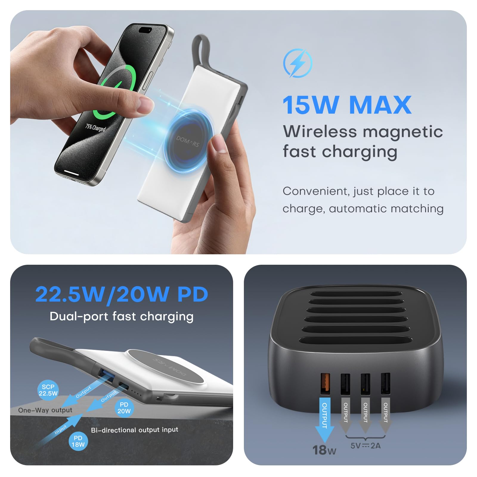 Stazione ricarica,Power Bank Magnetico 6 x 10000 mAh, Caricatore Portatile, Ricarica Magnetica, Doppio Cavo Integrato Type-C, 12 Protezioni per iPhone 17/16/15/14/13/12 Serie (Bianco)