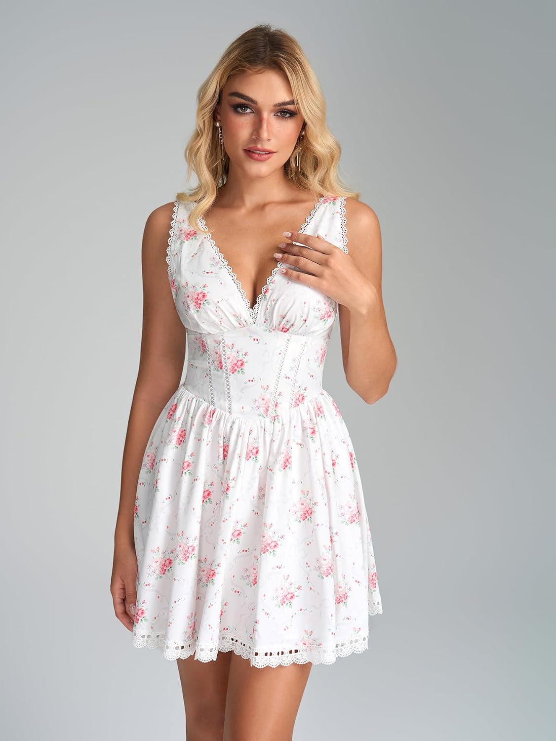 KUTUMAI Floral Corset Mini Dress Summer V Neck Lace Up Cute Graduation Short Dresses for Women 2026 - Image 3