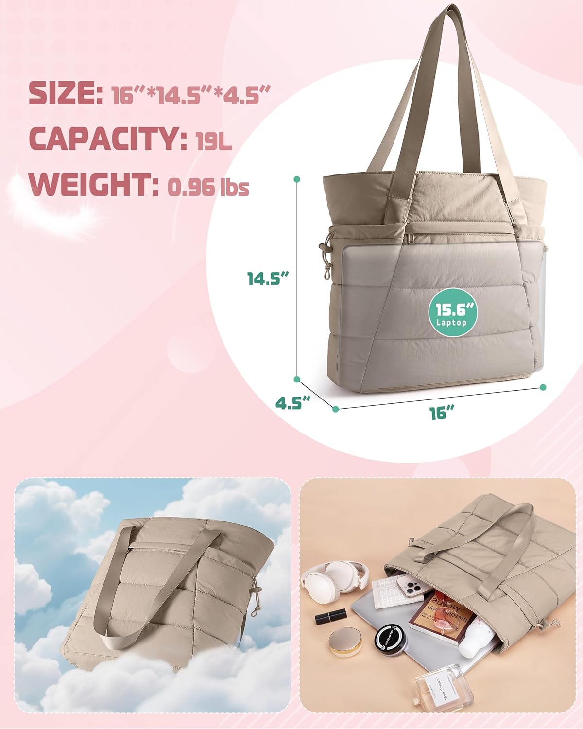 Puffer Tote Bag for Women, Lightweight Tote Bag for Work and School, Khaki - Image 4