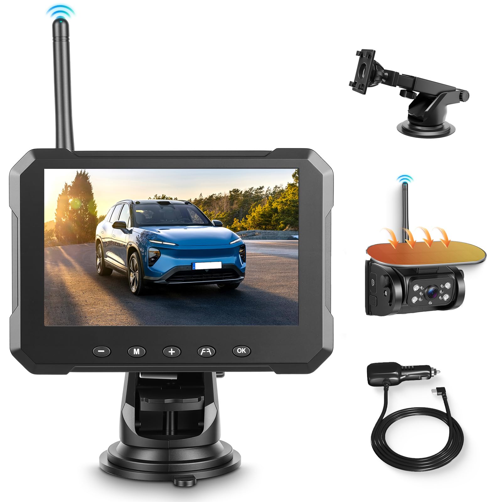 VECHTEL Monitor Retromarcia Wireless 5'' IPS HD, Telecamera Solare Senza Fili 10000mAh Magnetica IP69, Visione Notturna, Linee Guida Parcheggio Intelligenti, Compatibile 12V per Auto Camion SUV