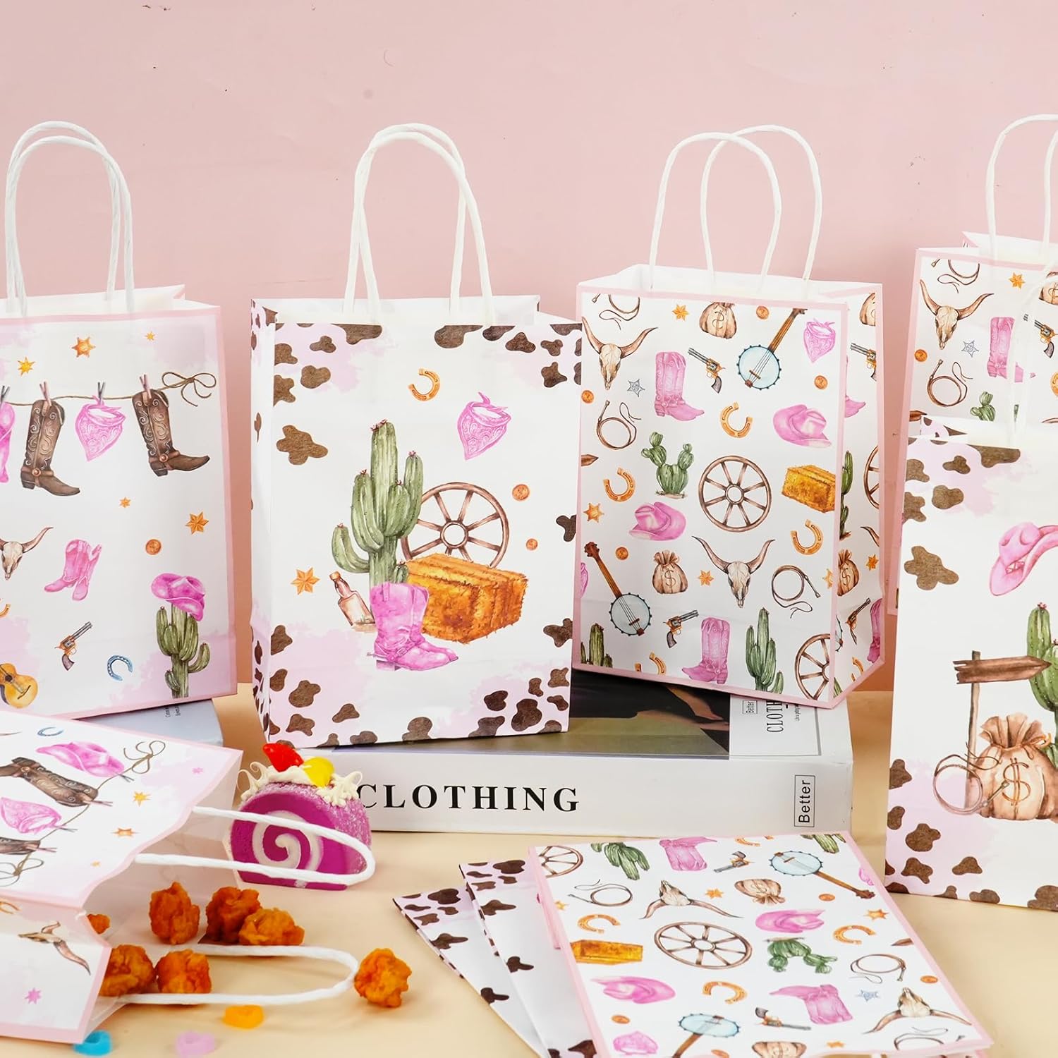 Naozinebi 12PCS Cowgirl Party Favors Bags Western Cowgirl Goodie Bags with Handle Rodeo Pink Birthday Paper Goodie Favors Wild Western Girl Party Decorations for Baby Shower Birthday Decorations