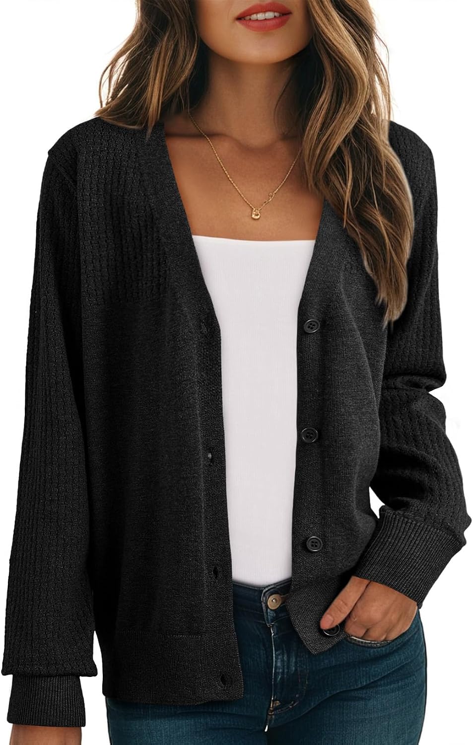 Dokotoo Womens Cardigan Wool Blend Long Sleeve Button Down Sweaters for Women Casual Hollow Out Knit Tops