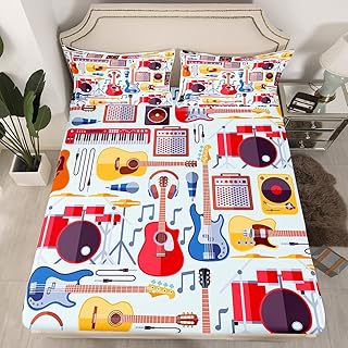 Manfei Musical Fitted Sheet Full Size Guitar Radio Drum Kit Headset Print Bedding Set 3pcs for Kids Boys Girls Bedroom Decor Music Theme Bed Cover Watercolor Style Bed Sheets with 2 Pillowcases