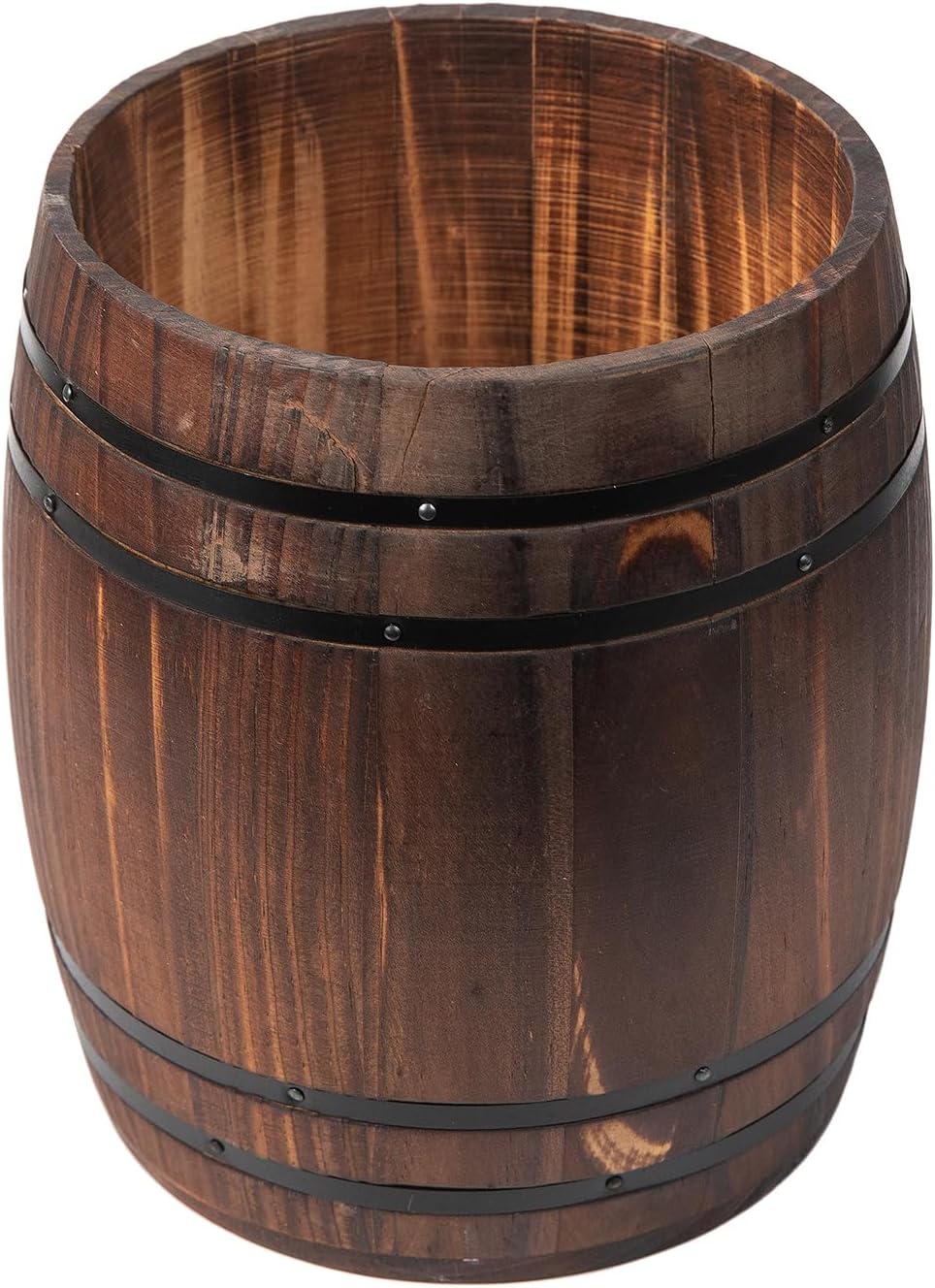 Rustic Dark Brown Wood Utensil Crock Wine Barrel Kitchen Organization Countertop Holder Black Metal Cooking Tools Culinary Gadgets Compact Storage Vintage Wooden Organizer Home Restaurant