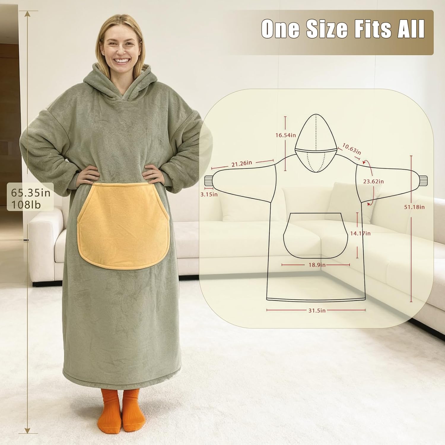 CSONFT Wearable Blanket Oversized for Men Women Hooded Blanket with Sleeves and Pocket One Size Fits Most 65" Length - Image 2