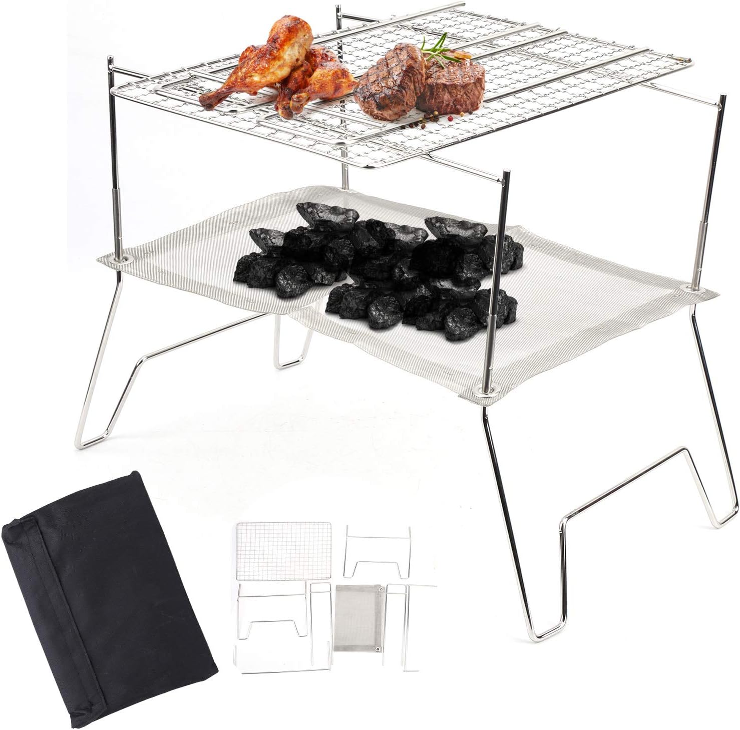 Stainless Steel Wire Outdoor Barbecue Stove, Folding Grill with Baking Net, Portable BBQ Grill for Picnic Camping, Large Capacity Cooking Grid with Uniform Heat Distribution, Inclu