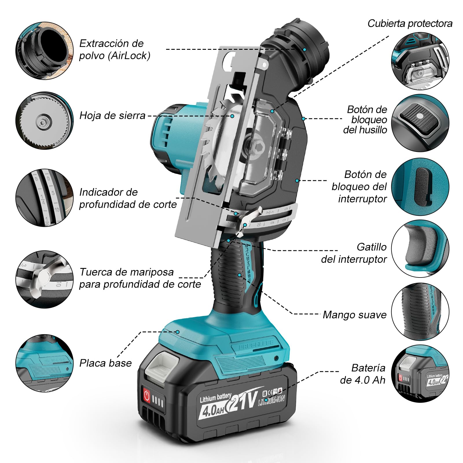 YEARTOP Mini Sierra Circular Batería 18V Amoladora 3" con 2x 4.0Ah Accu | Sierra compatible con batería Makita 18V. Corte ajustable, conexión aspiradora y 5 discos para azulejo, madera, metal