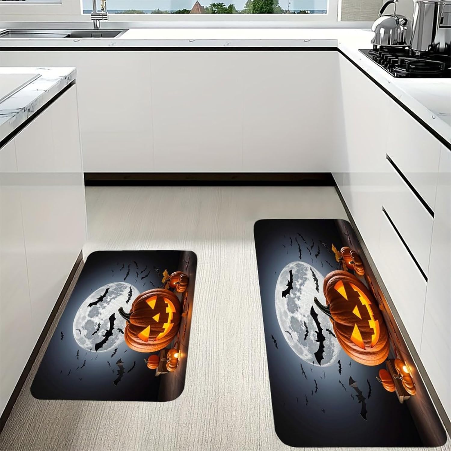 Halloween Moon Bat Pumpkin Kitchen Mats for Floor 2PCS Waterproof Non-Slip Kitchen Rugs Cushioned Anti-Fatigue Mat Heavy Duty Floor Mats Comfort Standing Mat for Kitchen Home Office Laundry image 3