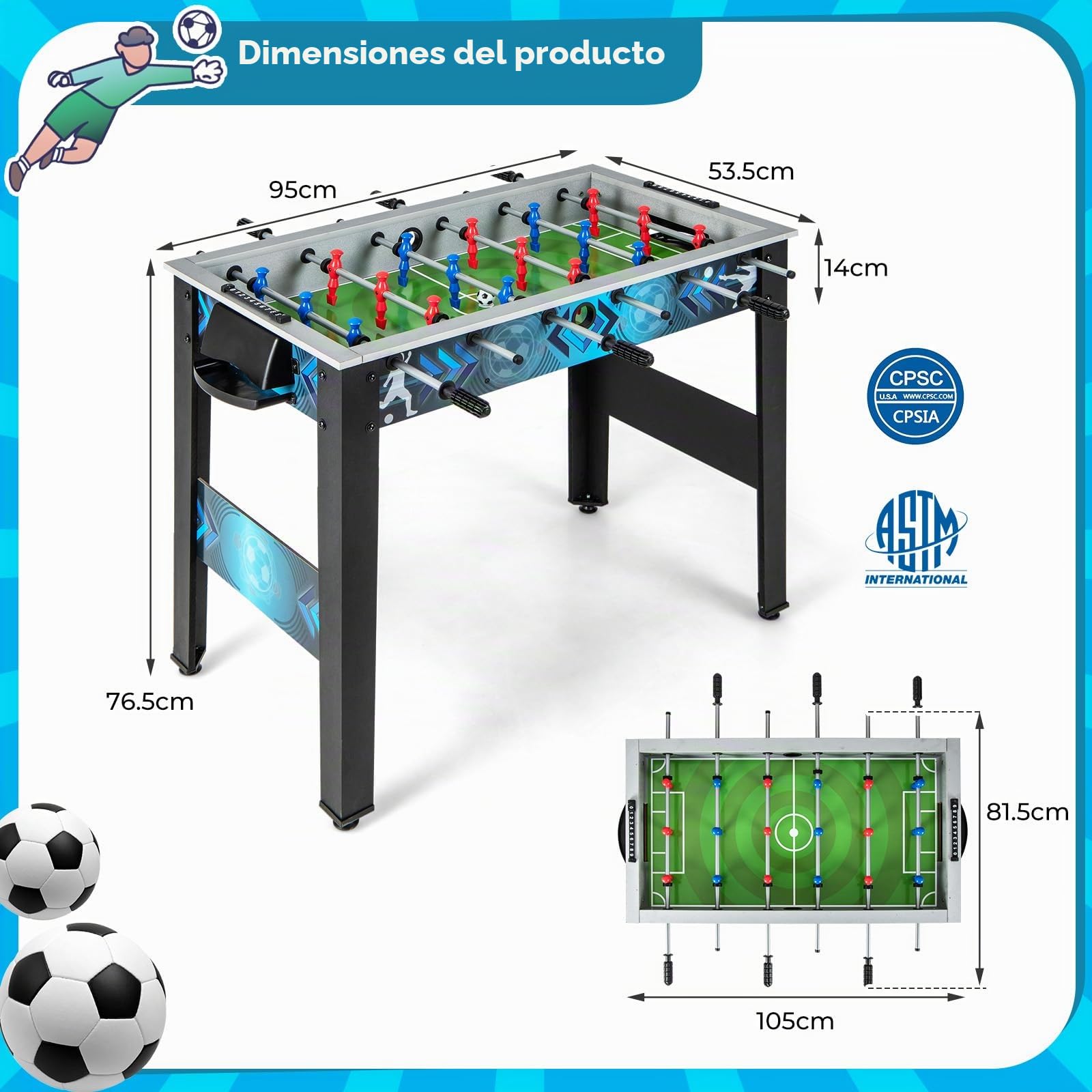 HOMASIS Fútbolin de Madera Profesional para Niños y Adultos, Mesa Multijuegos con 18 Jugadores Realistas, Baby-Foot con 2 Globos de Fútbol, 94,5x53,5x76,5cm, Juguetes de Familia para Casa