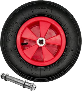 HERO Schubkarrenrad 4.80/4.00-8 4PR Schubkarrenreifen mit Universal Achse 20 mm – Luftbereiftes Ersatzrad Ø 380 mm, Kunststofffelge Rot, Doppelrollenlager, 95 kg Traglast – für Schubkarre Sackkarre