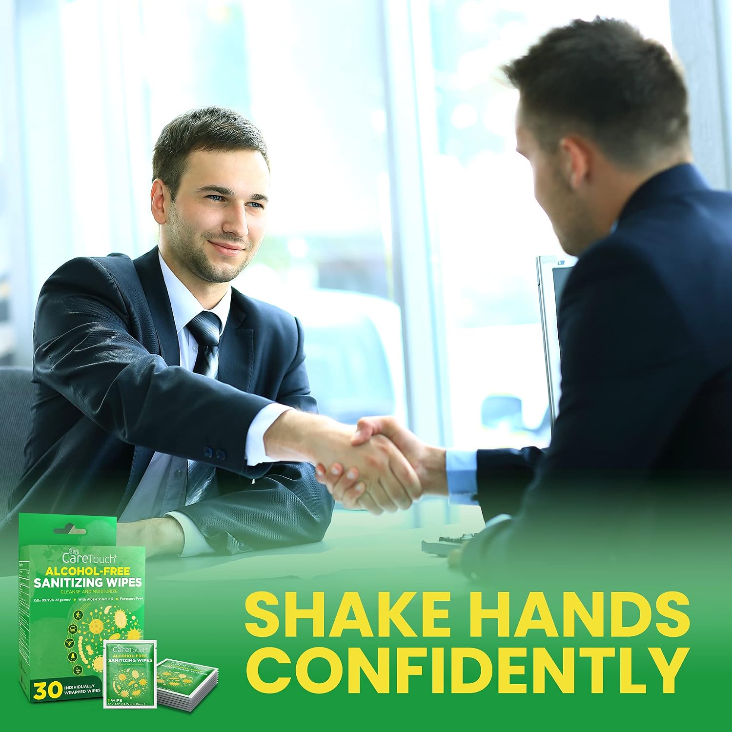 Care Touch Alcohol-Free Hand Sanitizing Wipes, 30 Individually Wrapped Hand Wipes with Vitamin E & Aloe Vera for Babies and Adults - Great for Sensitive Skin and All Skin Types