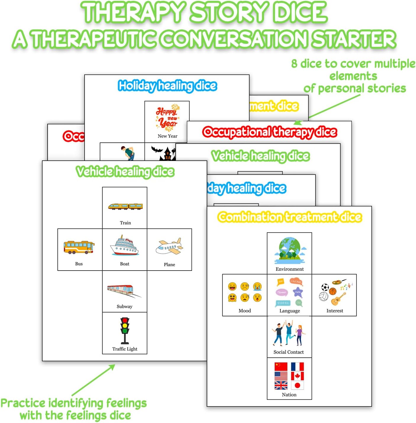 3.9 in Large Education Foam Pocket Dice, Stacking Blocks Squishy Story Cubes, Home Classroom DIY Blank Dice with 24 Theme Cards for Exercise Language Expression Imagination(Colorful 8 Pcs)