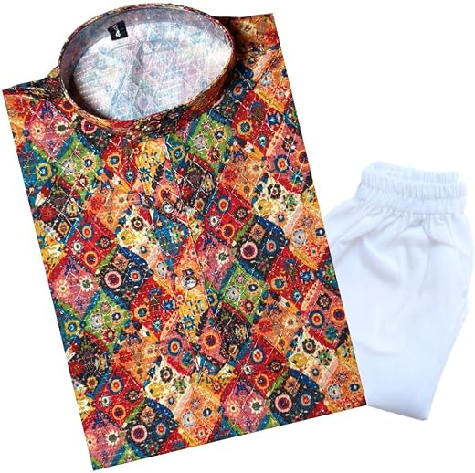 TinySteps Traditional Ethnic Wear Boys Rayon Printed Kurta With Sequin Embroidery and White Cotton Pajama
