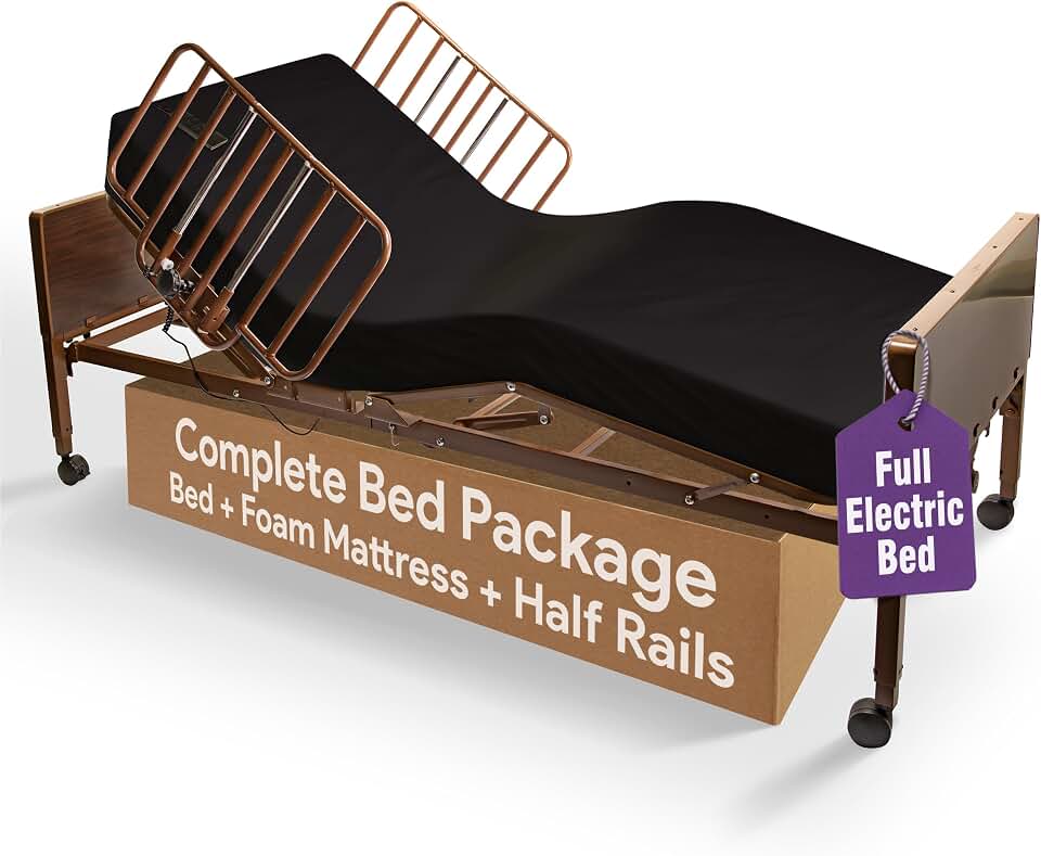 Electric Hospital Bed for Home Use - Includes Foam Mattress, Half Rails - Adjustabe Medical Bed Set