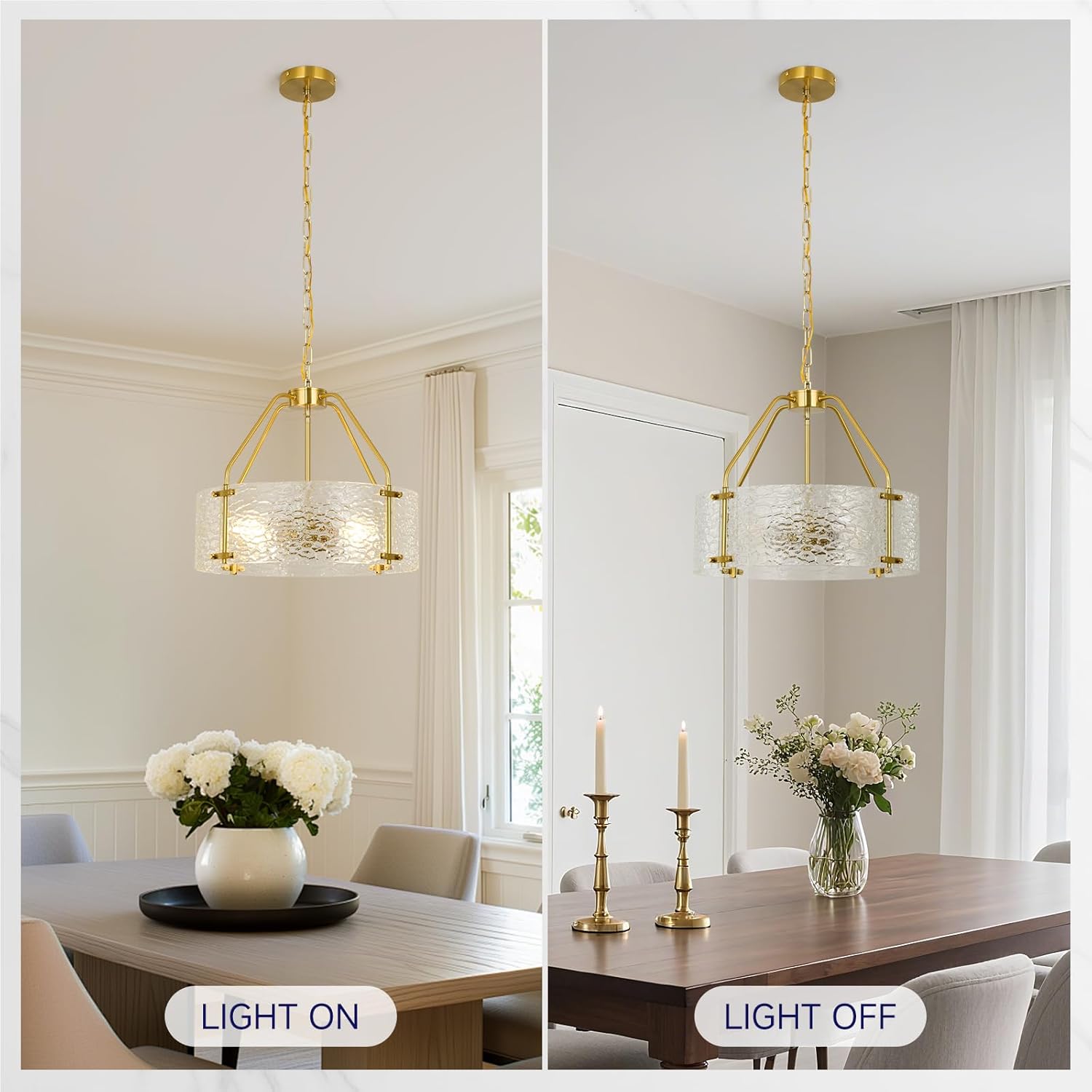 Modern Brushed Gold Chandeliers for Dining Room: 17.7'' Drum Textured Glass Entryway Lights Fixture Hanging - 4 Light Kitchen Chandelier Over Table - Crystal Round Chandelier for Bedroom Fallway Foyer