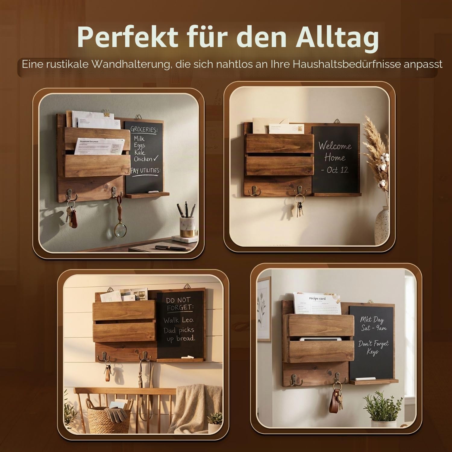 Flexzion Rustikale Holz-Wand-Organizer für den Eingangsbereich, wandmontierter Mudroom-Aufbewahrungs-Organizer mit Kreidetafel/Memoboard & Schlüsselhaken/f Möbel-Accessoire für Haustür und