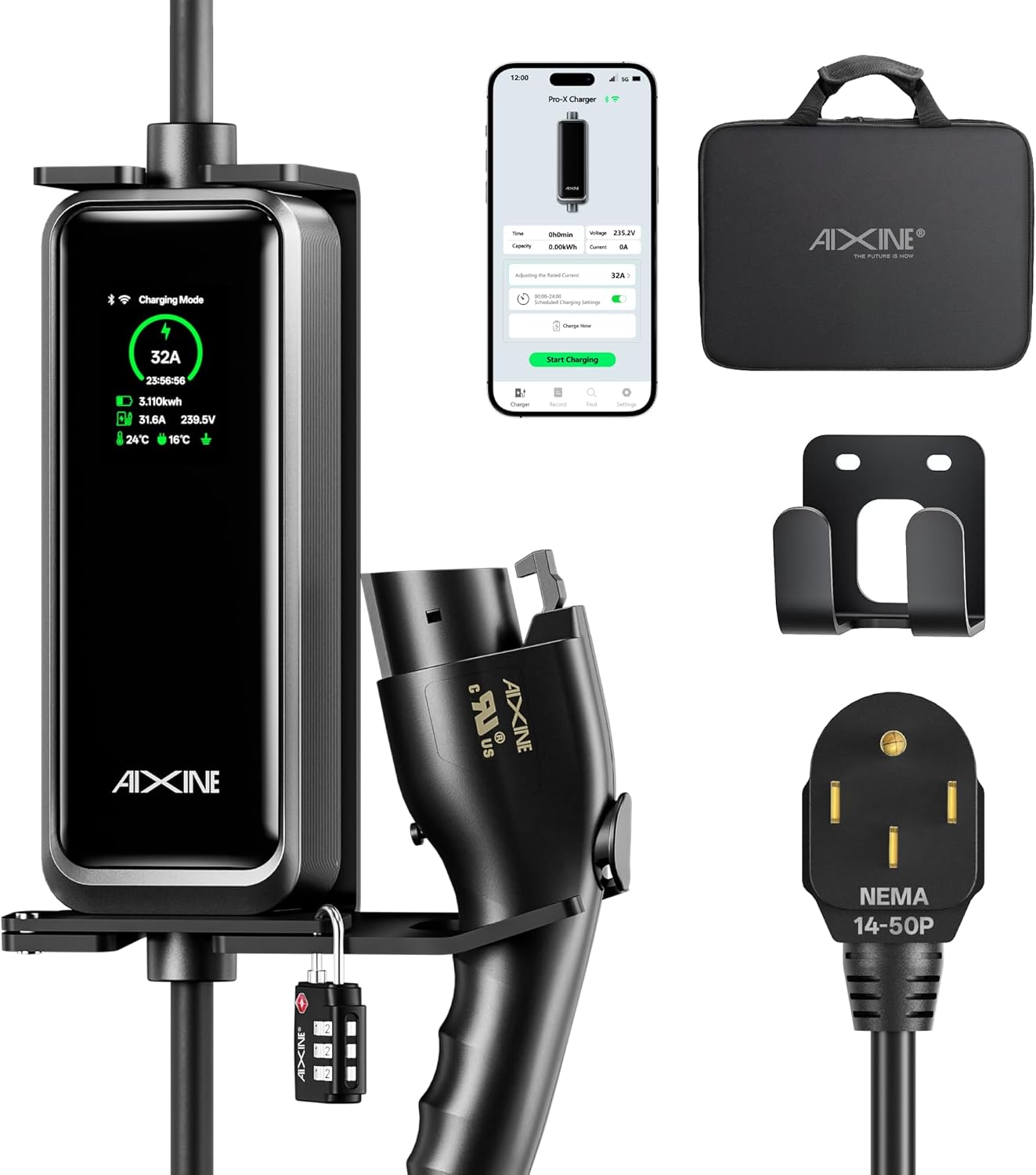 Level 2 EV Charger(WiFi APP/Plug-Charge), J1772 32A with 25FT Extension Cord Cable,Waterproof Indoor/Outdoor,Portable EV Charger 240V NEMA 14-50 Plug for All SAE J1772,ETL,FCC,UL Certified