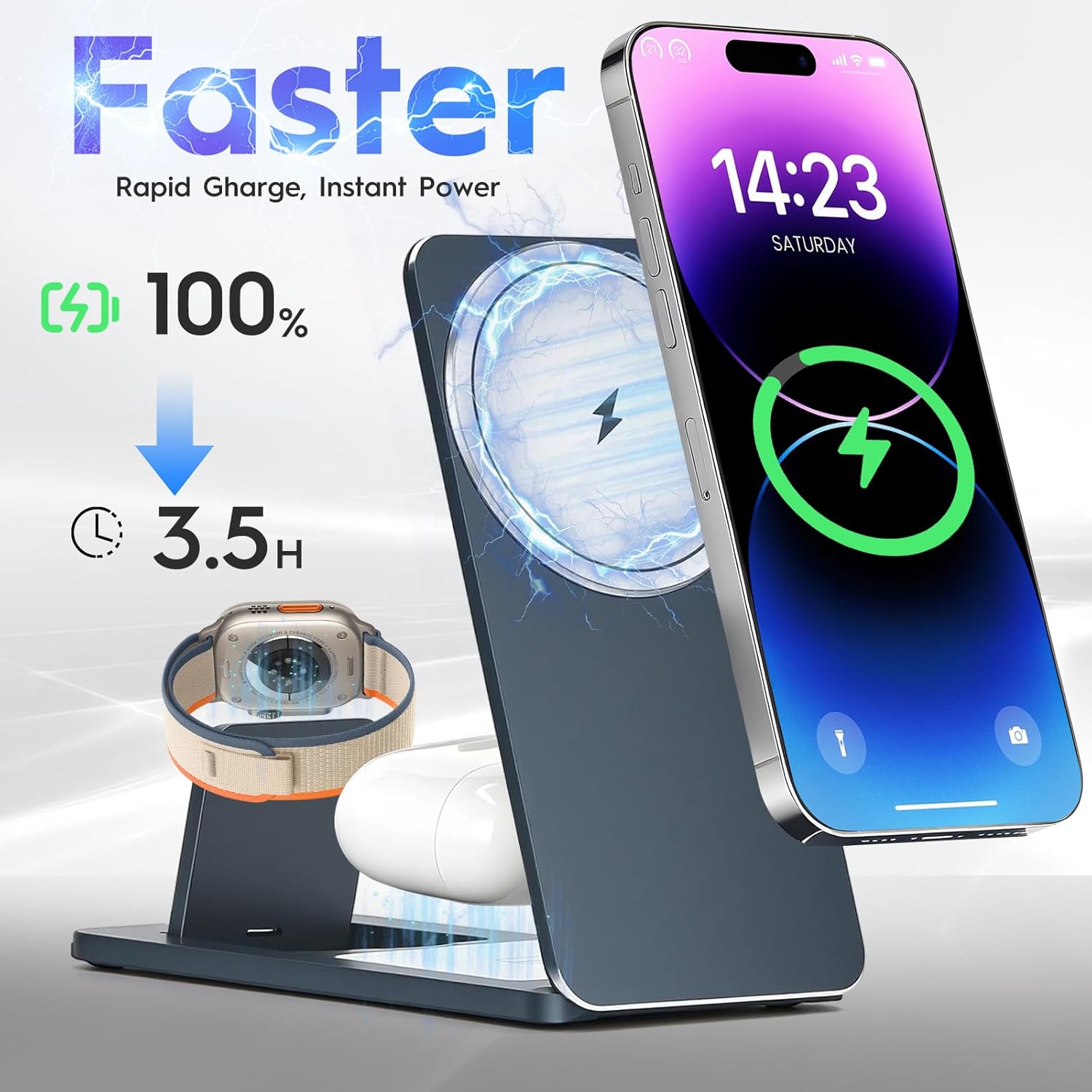 3-in-1 Wireless Charging Station, Foldable Magnetic Charger Stand Compatible with iPhone, Apple Watch, AirPods, 15W Fast Charging, Portable Travel Dock