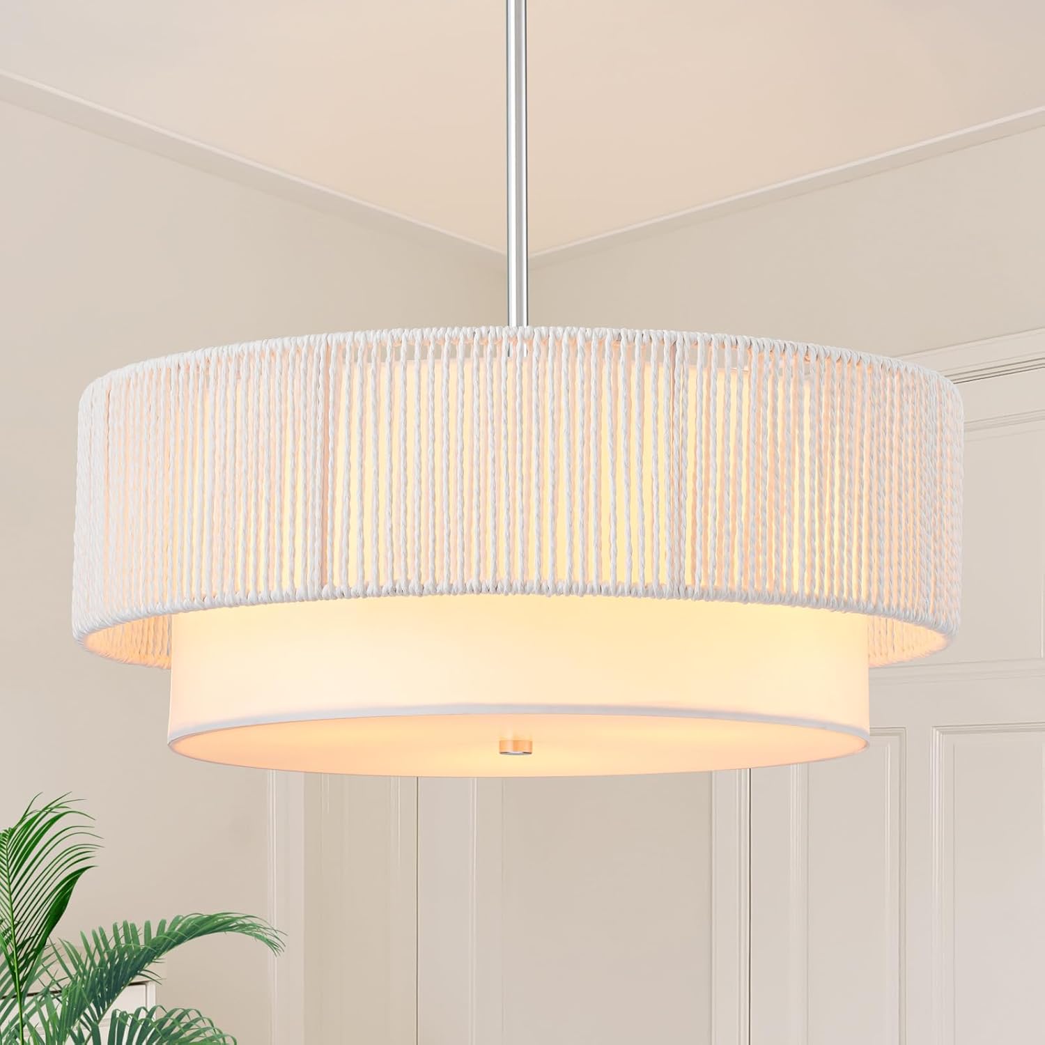 18'' Farmhouse Rattan Chandeliers for Dining Room,3-Light Boho Light Fixtures Rattan Pendant Light Fixture with Fabric Shade Drum Chandeliers for Bedroom Dining Room Foyer Kitchen Hallway?White? White Chandelier