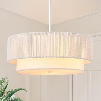 18 Farmhouse Rattan Chandeliers for Dining Room,3-Light Boho Light Fixtures Rattan Pendant Light Fixture with Fabric Shade Drum Chandeliers for Bedroom Dining Room Foyer Kitchen HallwayWhite
