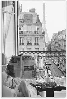 Black and White Photography Canvas Wall Art, Woman Reading Newspaper In Paris Hotel Aesthetic Poster, Retro Paris Tower Museum Photo Print, Luxury Fashion Breakfast Wall Decor 24x36in Unframed