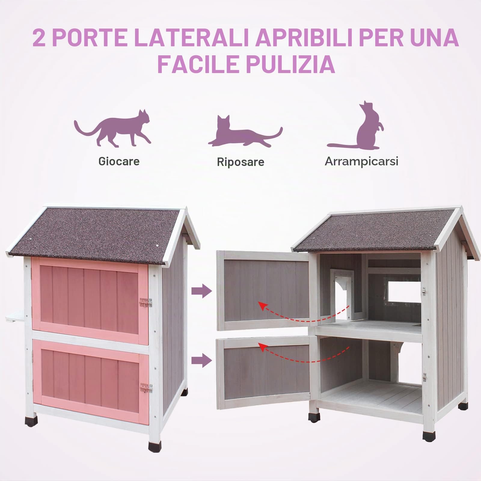 HiCaptain Casa per gatti selvatici resistente alle intemperie, rifugio in legno per gatti randagi all'aperto, cuccia gatto esterno grande a 2-4 piani con balcone e porta di fuga