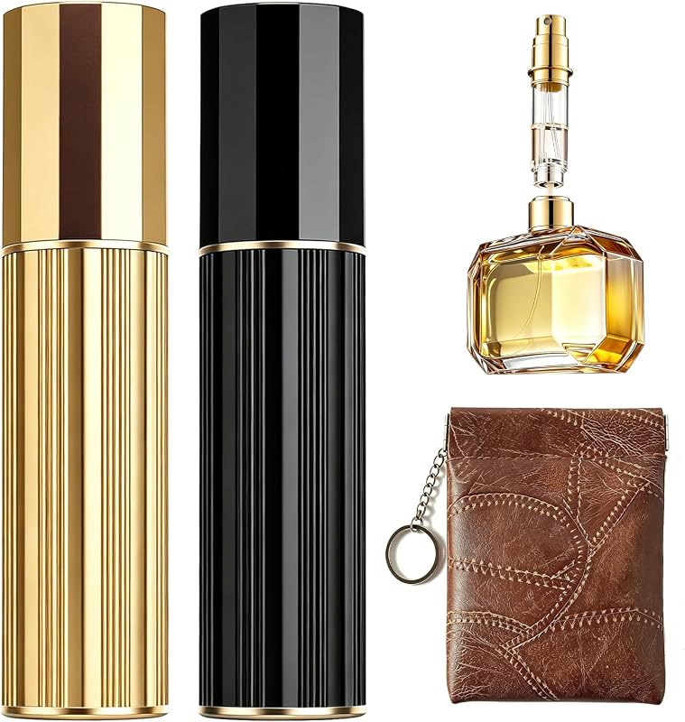 DPLASKA Frasco Atomizador Recarregável para Perfume 5 mL Gold-Black, Pacote com 2 e acessórios