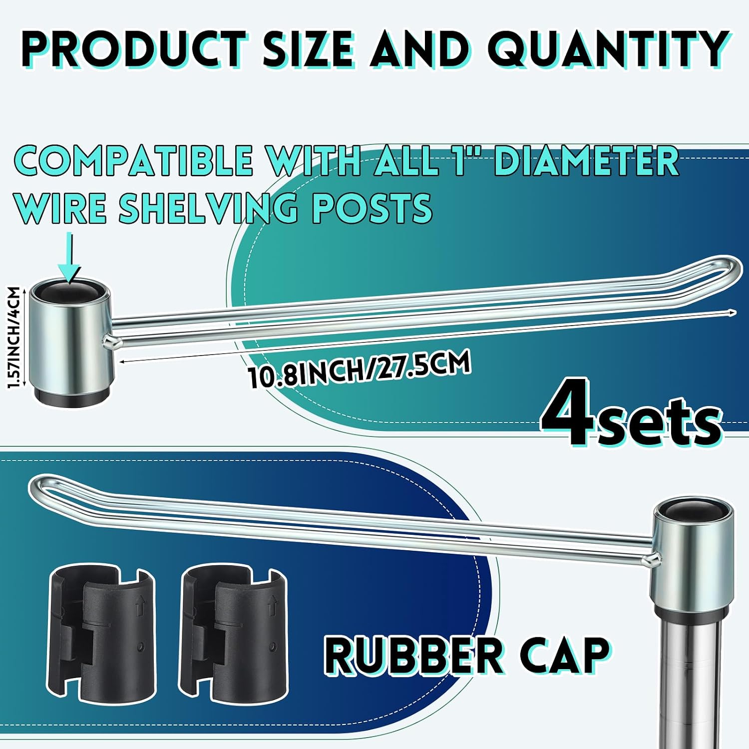 4 Pcs Wire Shelf Hooks Post Utility Hook Wire Shelving Accessories Chrome Plated Steel Hanger with a Rubber Cap for Hanging Pots Kitchenware Clothes (Silver)