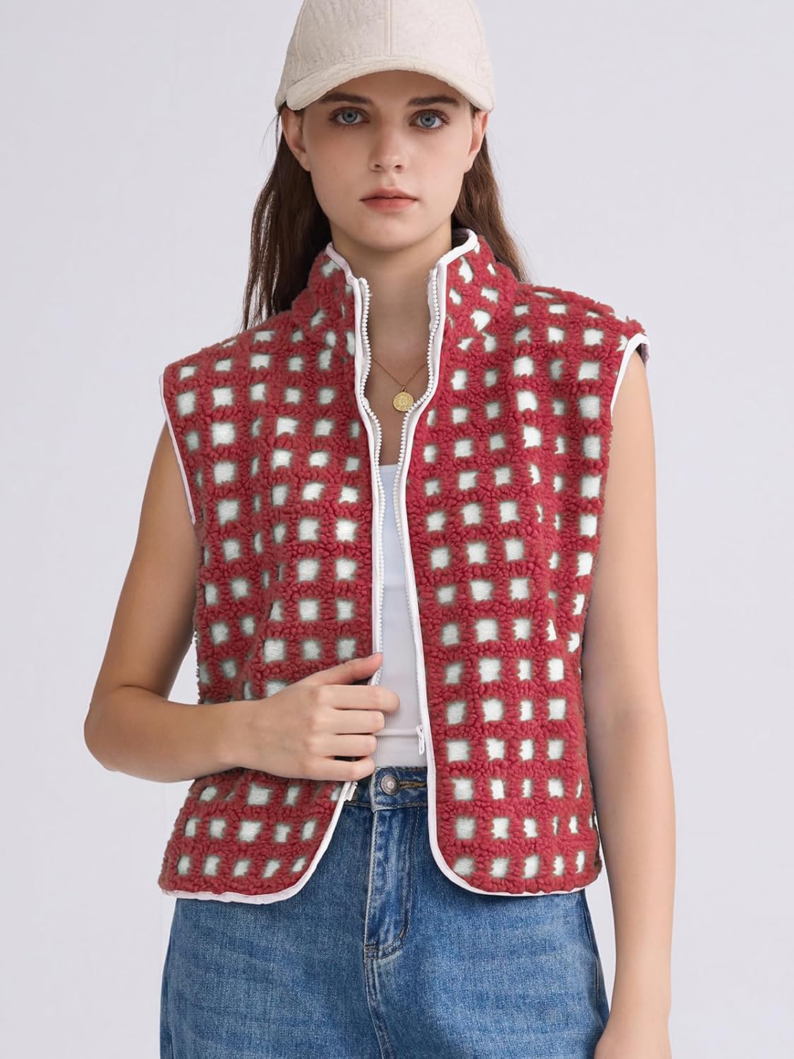 Women's Checkered Sherpa Vest Sleeveless Winter Fleece Jacket Zip Up High Neck Warm Plaid Gilet with Pockets - Image 7