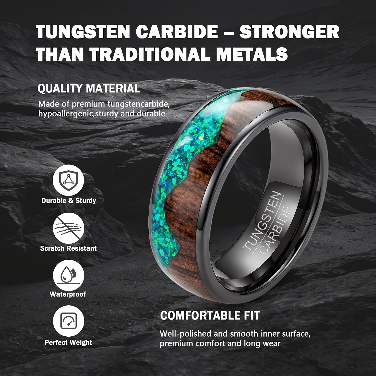 NUNCAD 8mm Tungsten Wedding Band for Men Green Opal & Koa Wood Inlay