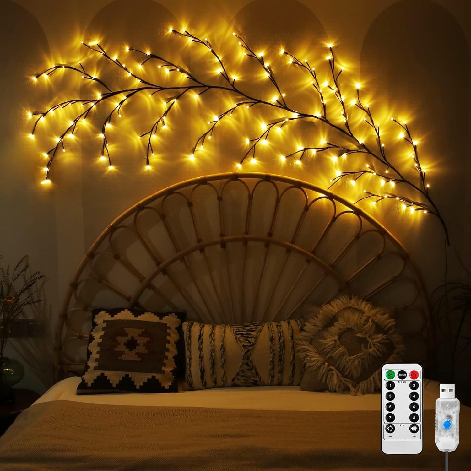 Gresonic 230cm 144LED 1pcs Willow Vine Twig Lights, 8 Modes USB Tree Light with Remote Controll Timer Bendable Artificial Tree Branch Indoor Wall Decoration Aesthetic Room