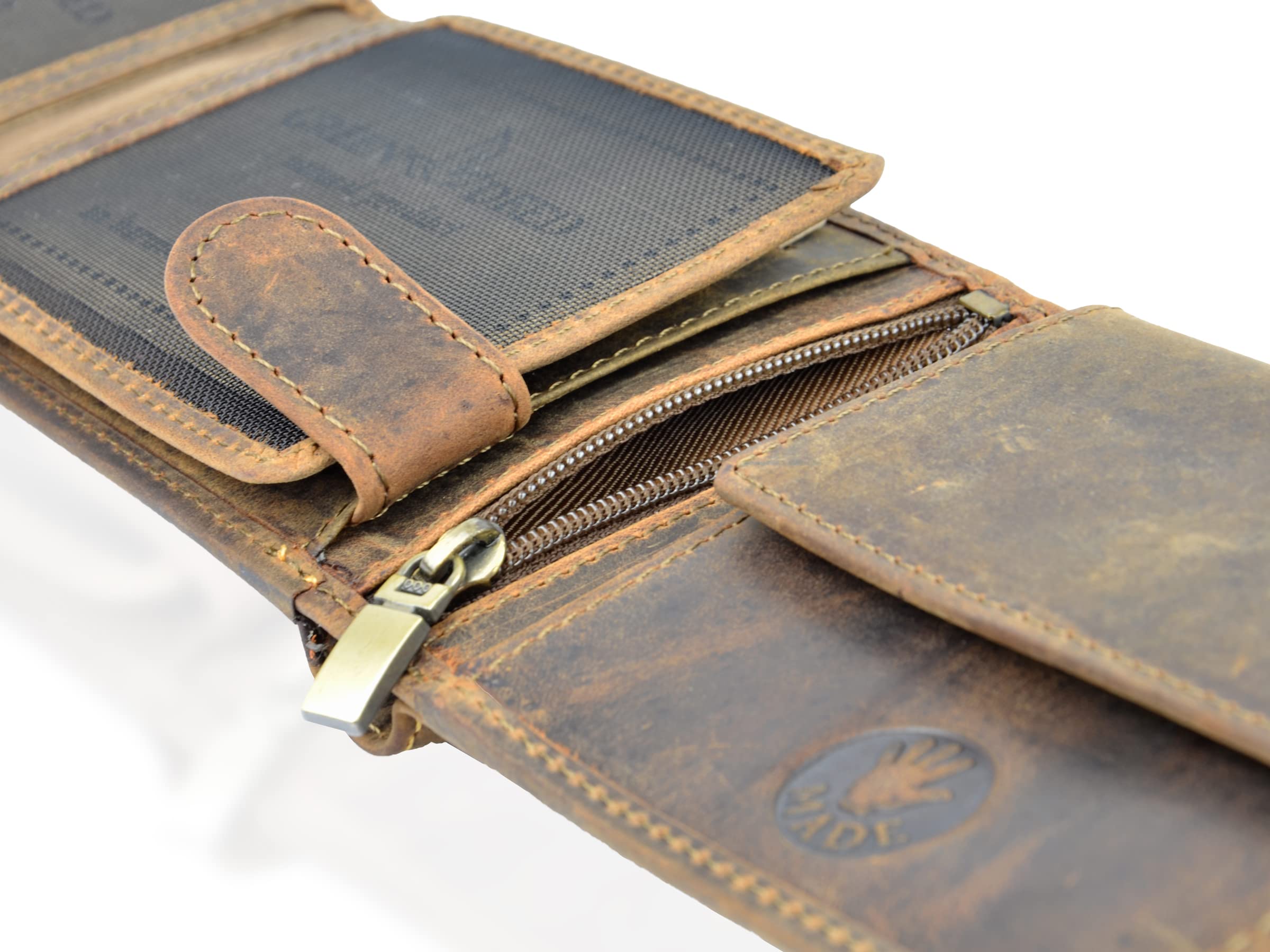Billetera para Hombre de Cuero Genuino - Billetera Grande de Cuero con Bolsillo para Monedas – Marrón Vintage - Caballo - 12 x 9 x 3 cm