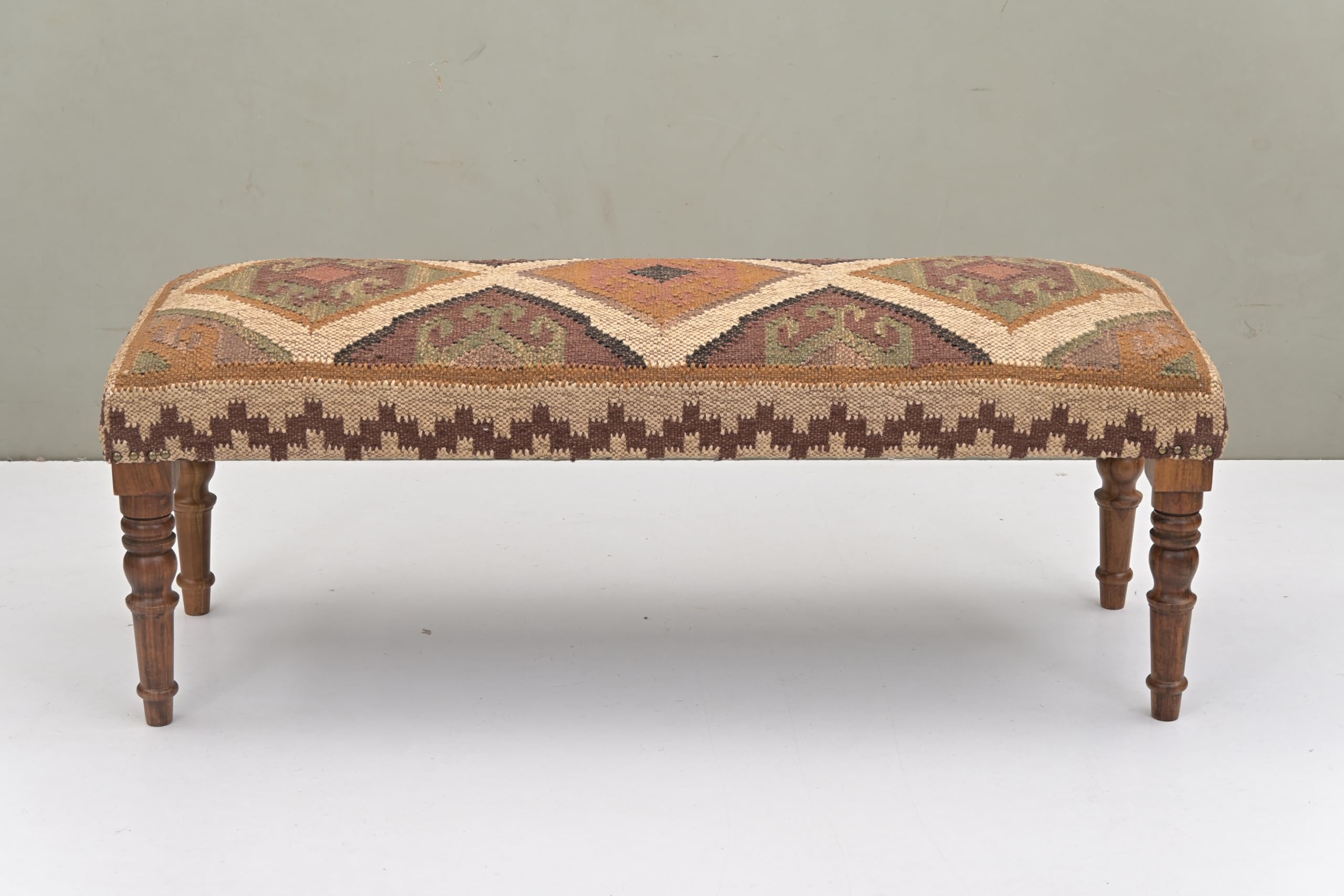 Acacia Wood Kilim Jute Fabric Upholstered Bench | Multi-Purpose Wooden Ottoman with Wool KD Jute for Living Room, Bedroom, End of Bed, Hallway & Entryway (Beige, 47x17x16 inch)