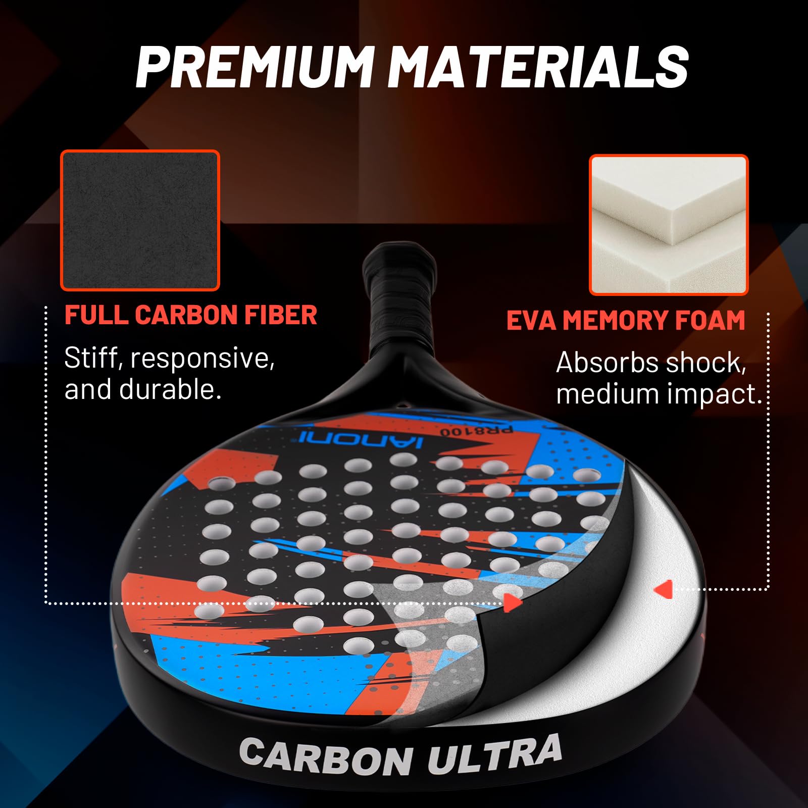 ianoni Racchetta da padel con superficie in fibra di carbonio con nucleo in schiuma EVA Memory Flex, arancione