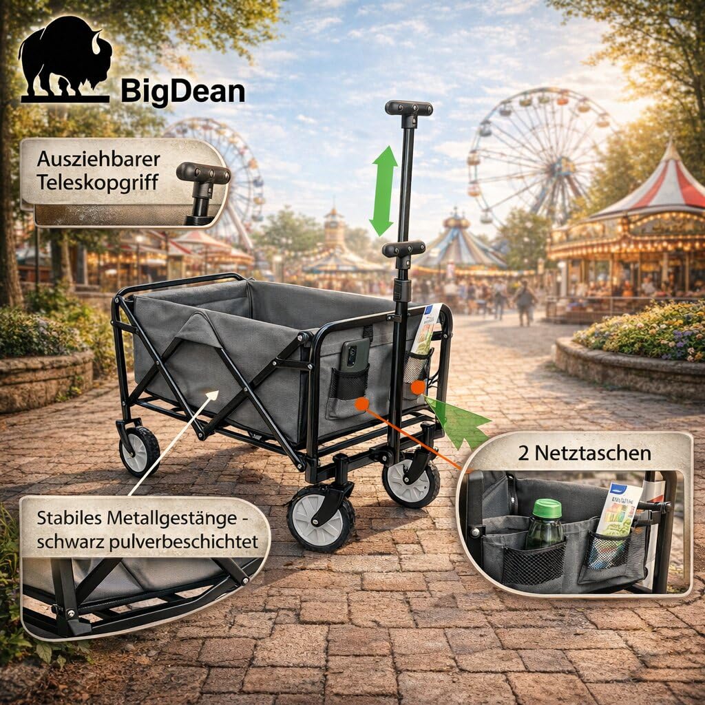BigDean Bollerwagen faltbar bis 80kg grau schwarz kompakter Faltbollerwagen | Transportwagen klappbar - Handwagen für Camping, Einkäufe, Garten, Festival & Ausflüge
