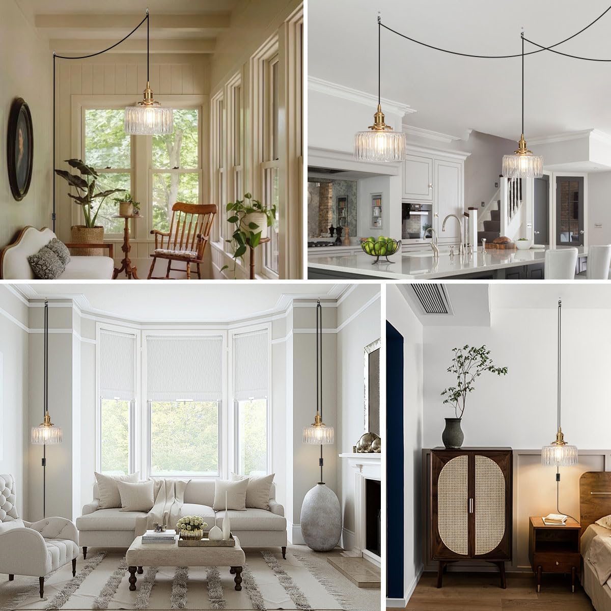 Modern Plug in Pendant Light - Clear Glass Shade, Industrial Hanging Lamp Plug in Cord Hanging Lights Gold Plug in Pendant Lights for Ceiling Mid Century Light Fixture Living Room