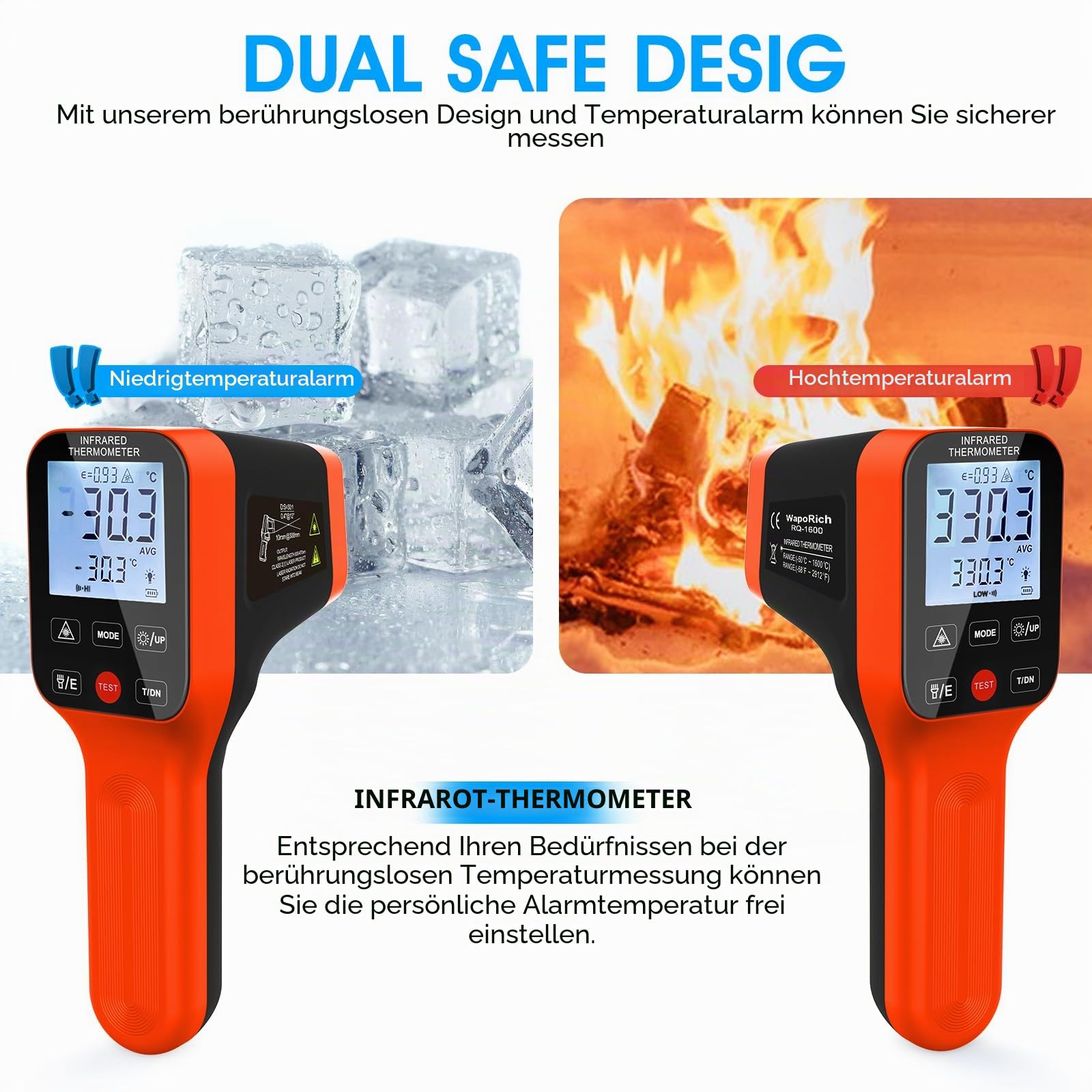 Infrarot Thermometer WapoRich Pyrometer -50~1600°C, DS 30:1 Digitales Laserthermometer mit Doppel-Laser, Wiederaufladbar, für Pizza, Schmelzofen, Industrie, HVAC RQ-1600