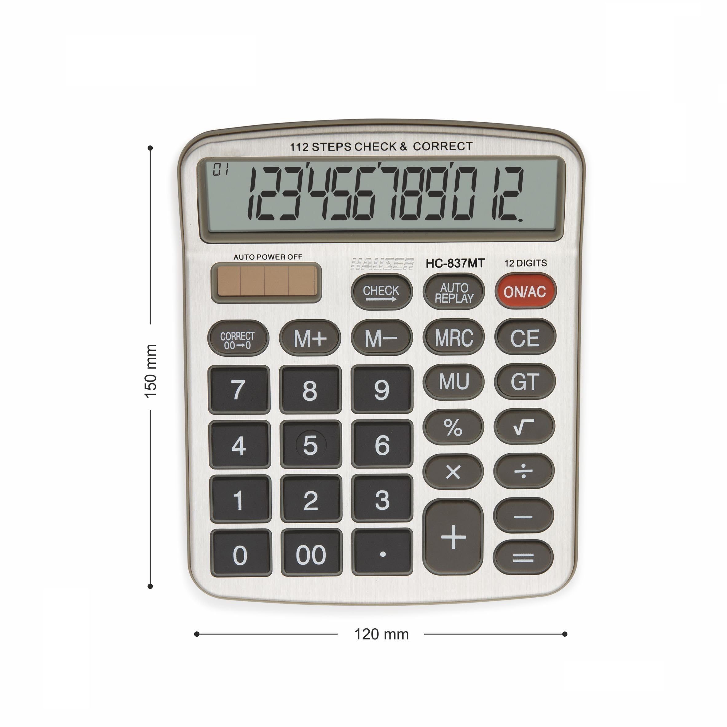 Hauser HC-837MT - Calcolatrice elettronica, serie desktop, calcolatrice a 12 cifre, funzione radice quadrata, grande display e riproduzione automatica, doppia alimentazione con energia solare