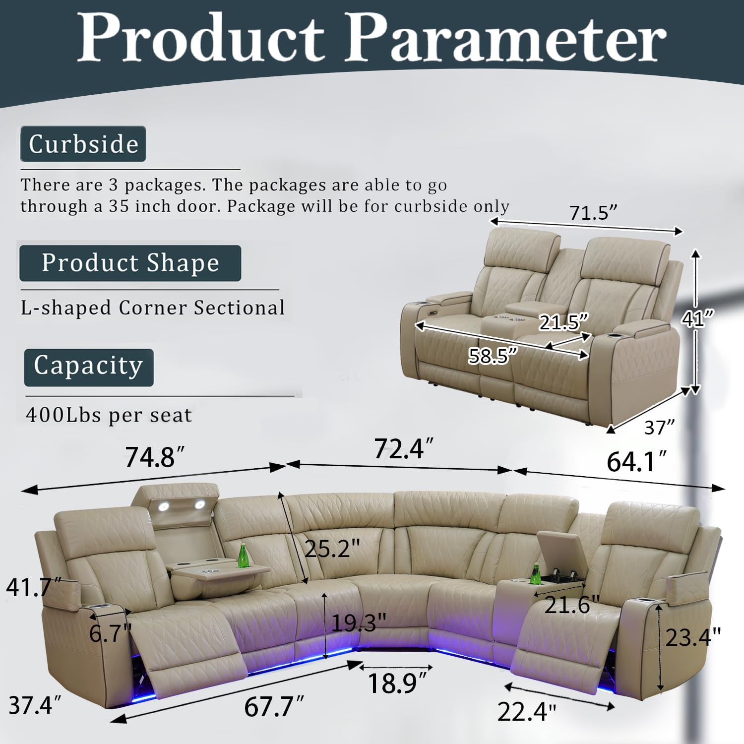 Power Recliner Sectional Sofa Set, Beige Leather Sectional Couch and Loveseat for Living Room, L Shape Reclining Sofa with Cup Holder, Hidden Storage, Drop-Down Table for House(8 Seat)