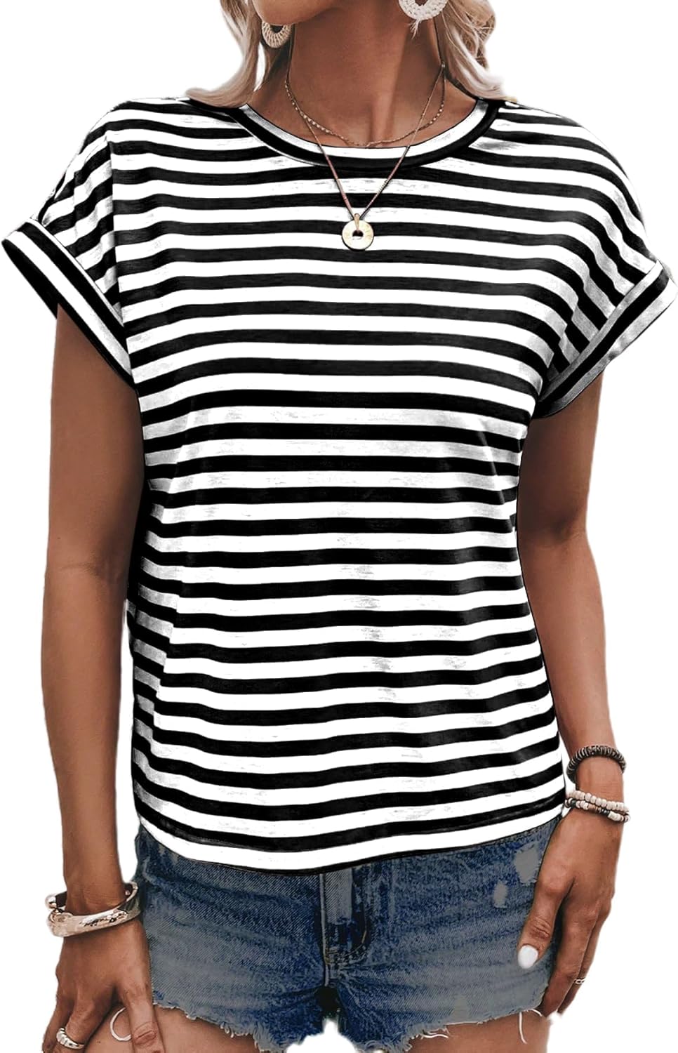 LilyCoco Womens Striped Open Back Tops Criss Cross Back Batwing Sleeve T Shirt - Image 6