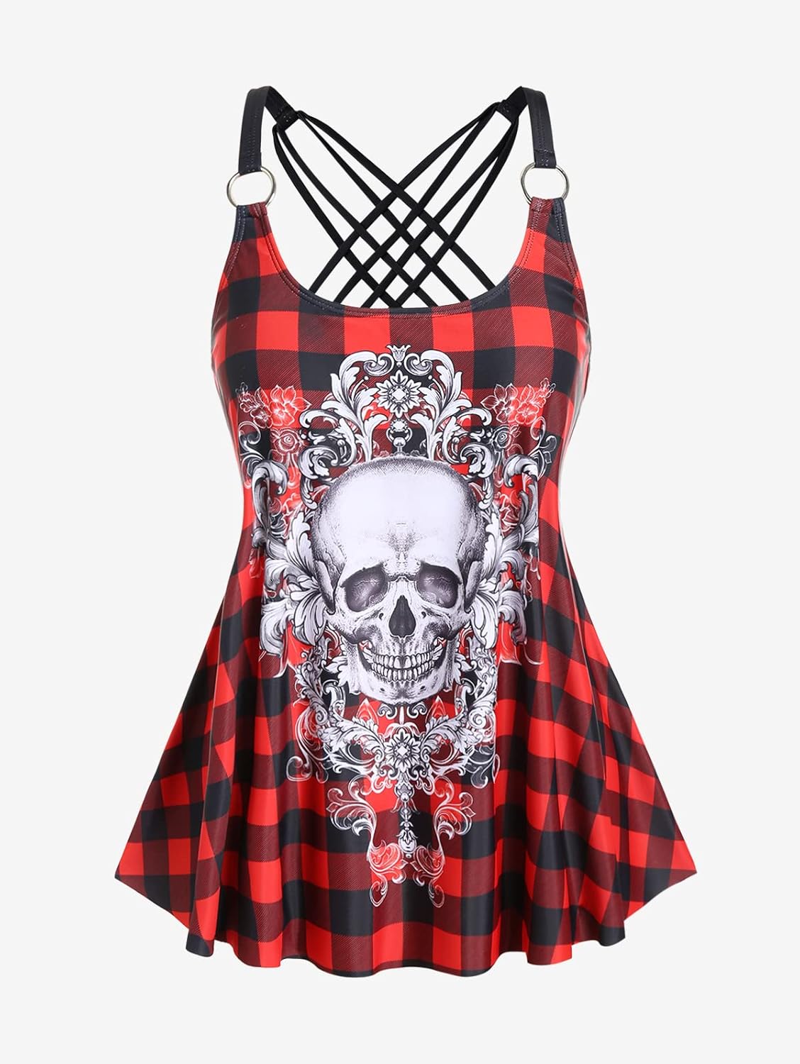 Rosegal Womens Plus Size Gothic Skull Plaid Padded Boyleg Strappy Modest Tankini Swimsuit Set