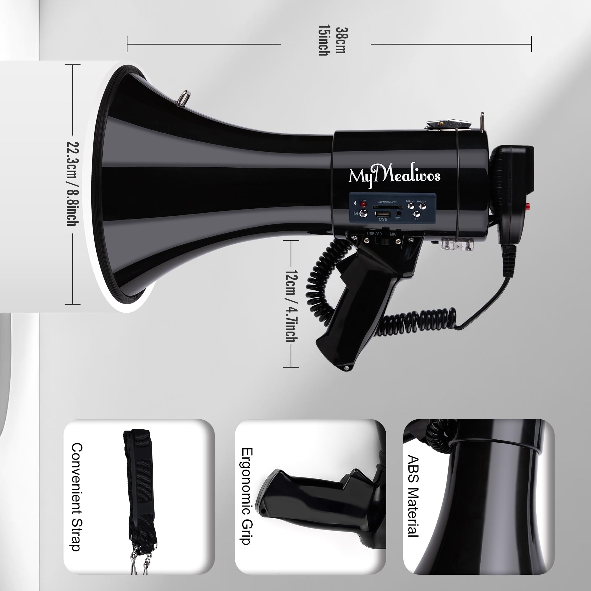 MyMealivos Mégaphone avec sirène Bullhorn 50 W avec Microphone Amovible, Sangle légère Portable et entrée auxiliaire 3,5 mm (mégaphone)