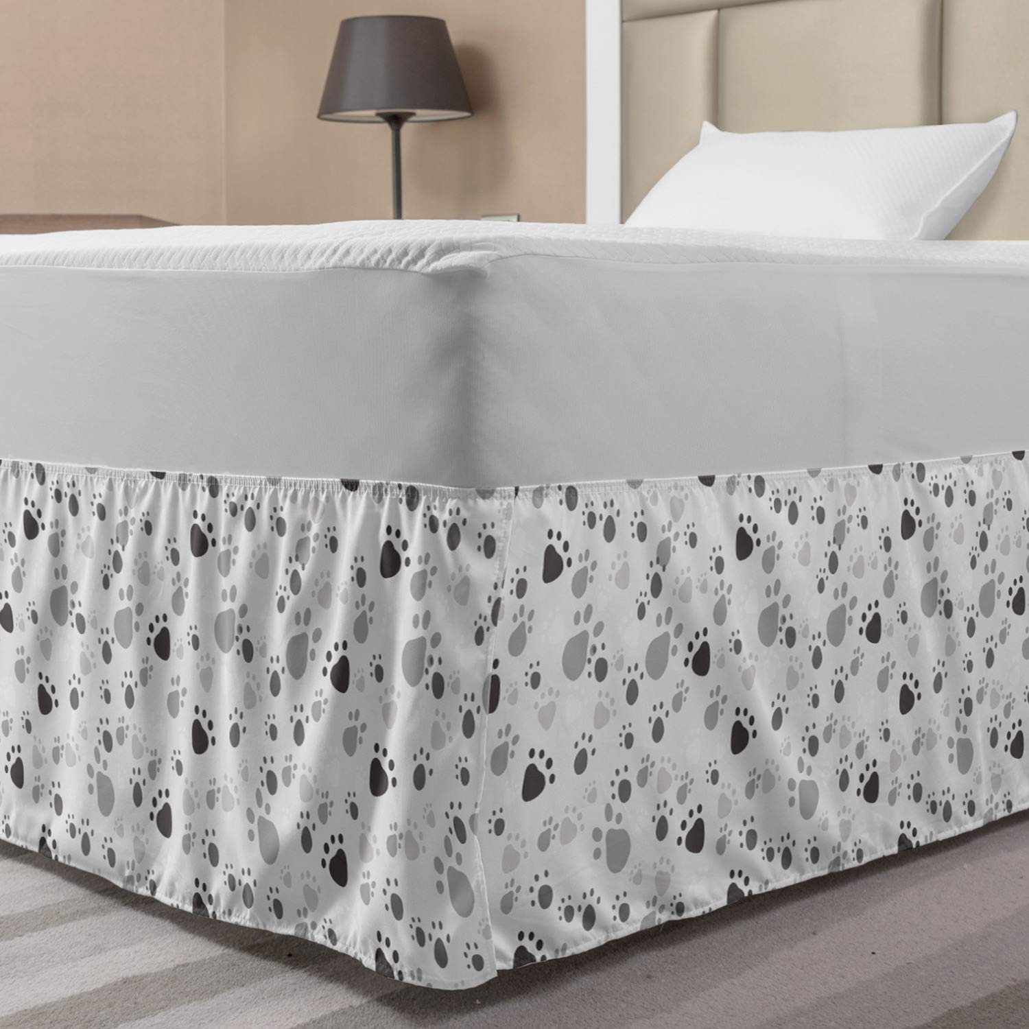 Lunarable Grey Bedskirt Pattern with Random Footprints Paw Traces Pet Legs Friendly Cats and Dogs Bedroom Decor Wrap