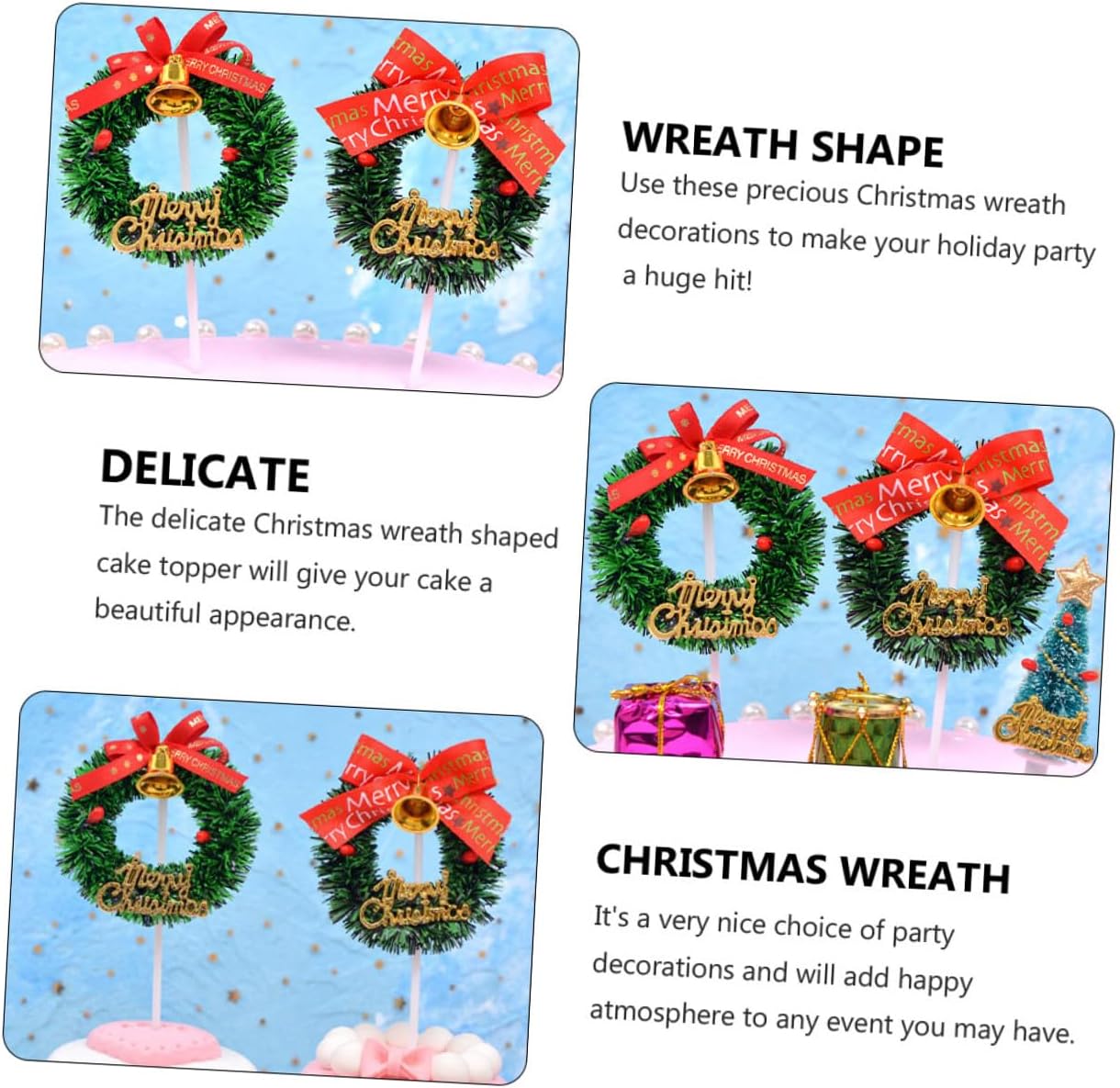 6pcs Christmas Wreath Cake Toppers Bowknot Decorations for Holiday Party Cake Supplies Non-edible Plastic Insert Picks for Birthday and Festive Decorating Random Style