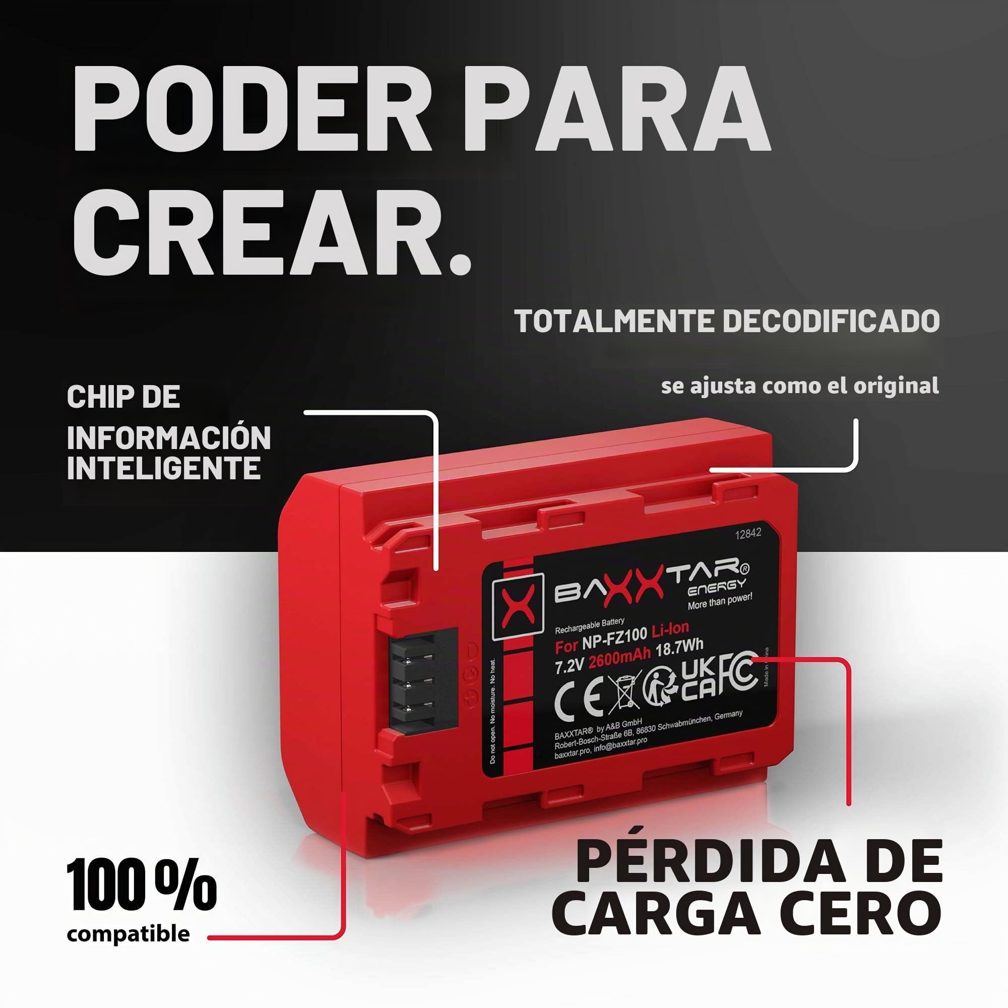 Baxxtar Set NP-FZ100 batería 2600mAh con Cargador 18582 USB-C Dual LCD