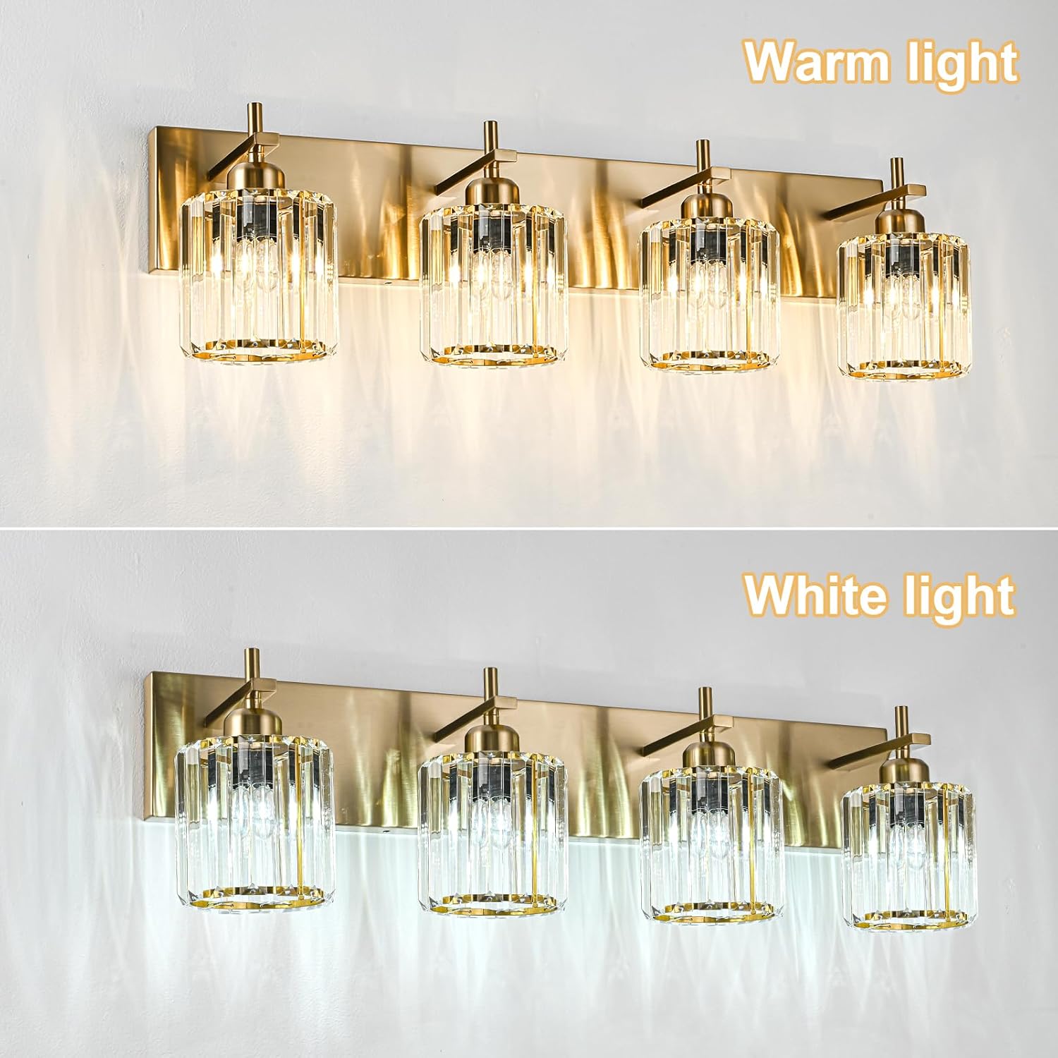 Modern Crystal Bathroom Vanity Lights, Gold 4-Lights Bathroom Light Fixtures Over Mirror, Crystal Wall Lighting with Polished Gold Finish