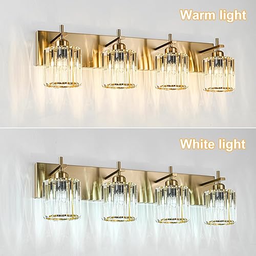 Miniatura 7 de Modernas luces de cristal para tocador de baño, 4 luces doradas sobre espejo, iluminación de pared de cristal con acabado dorado pulido