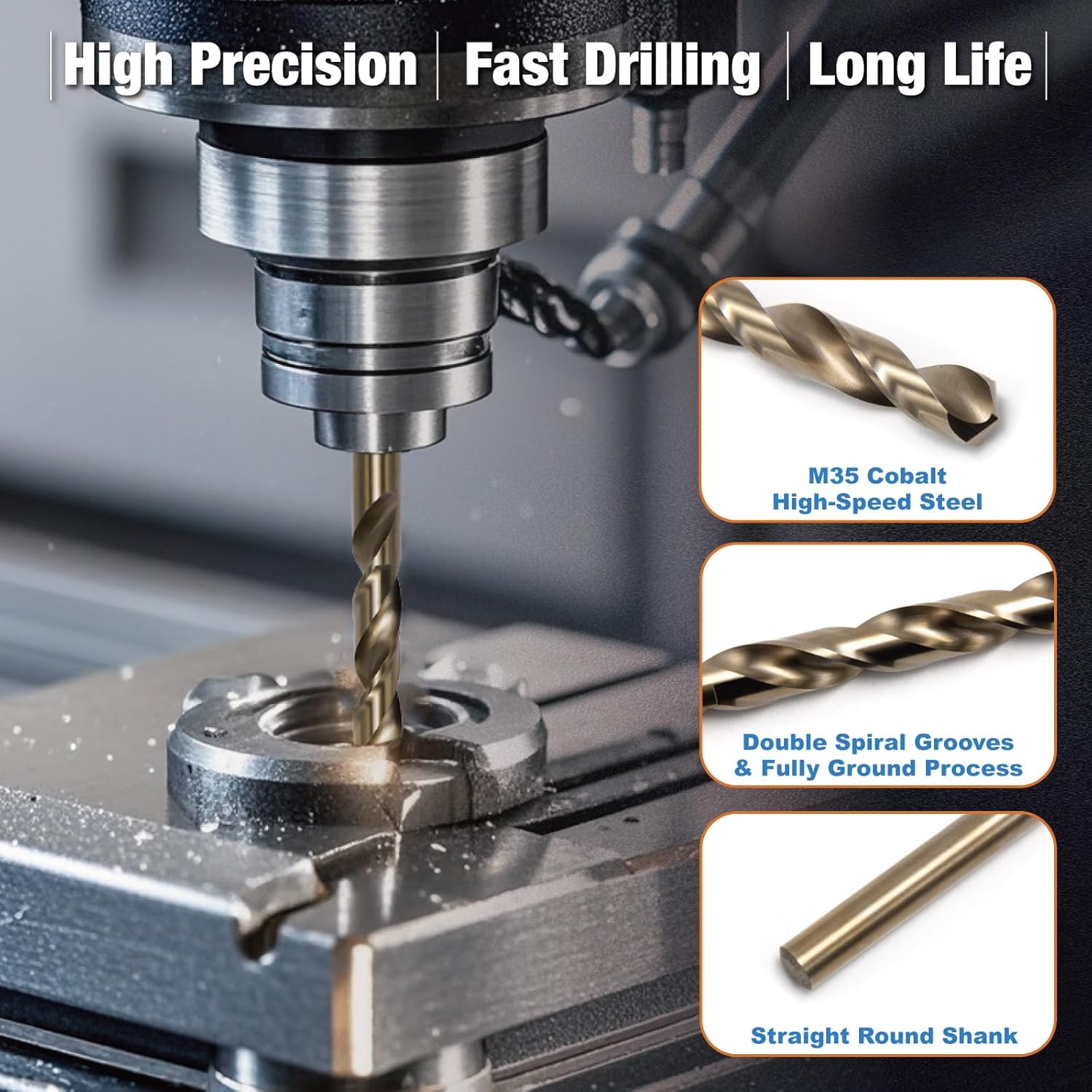 10Pcs 3/8" Cobalt Drill Bit Set, M35 High Speed Steel Jobber Length Drill Bit Kit for Hardened Metal, Stainless Steel, Cast Iron, Wood and Plastic