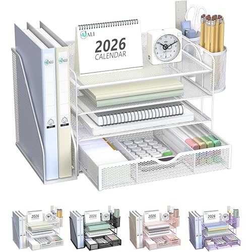 WALI Desk File Organizer, 4 Tier Desktop Paper Letter Tray Organizer with Drawer and 2 Pen Holders, Office Desk Accessories & Workspace Organizers for Office, Home Supplies(DO005DH-W), 1 Pack, White